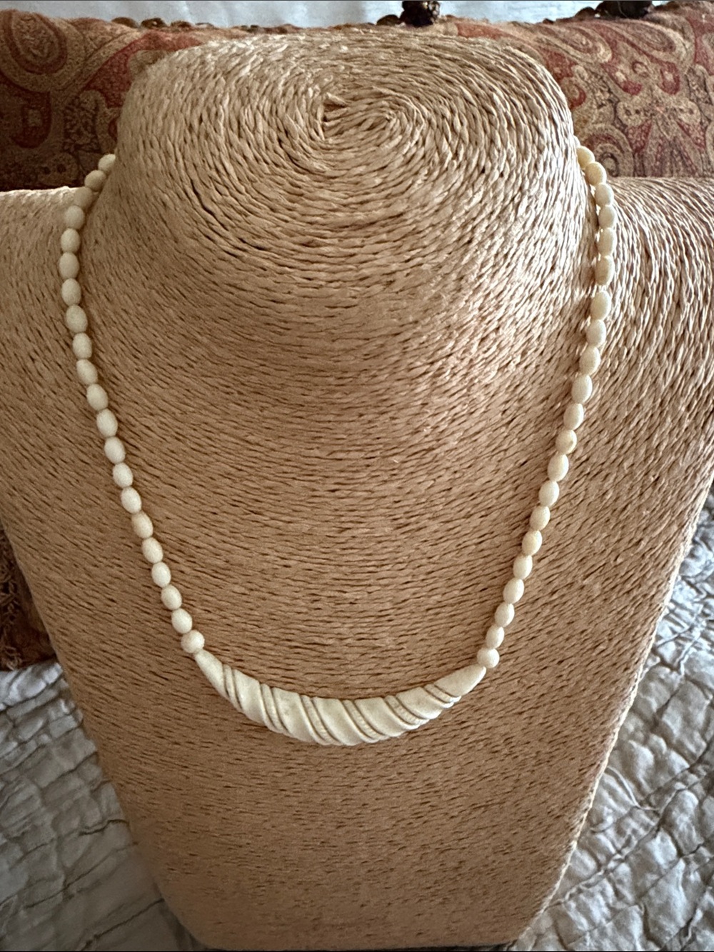 Vintage cream bone beads ivory necklace gold embellishment on the center piece